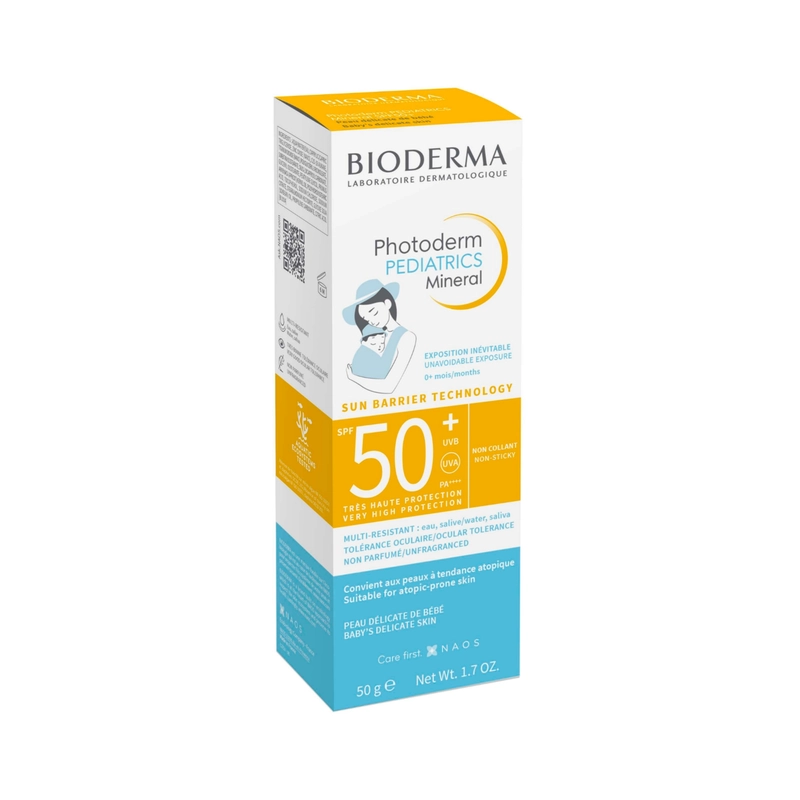بسته بندی کرم ضد آفتاب بایودرما مدل pediatrics ماینرال SPF50 وزن 50 گرم