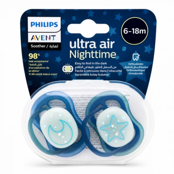 sismoni-nini-mikhad-pestanak-ultra-air-6-18mah-avent-code-scf376-13-shab-rang-mah-setare پستانک ارتودنسی 18-6 ماه اونت - تصویر 1