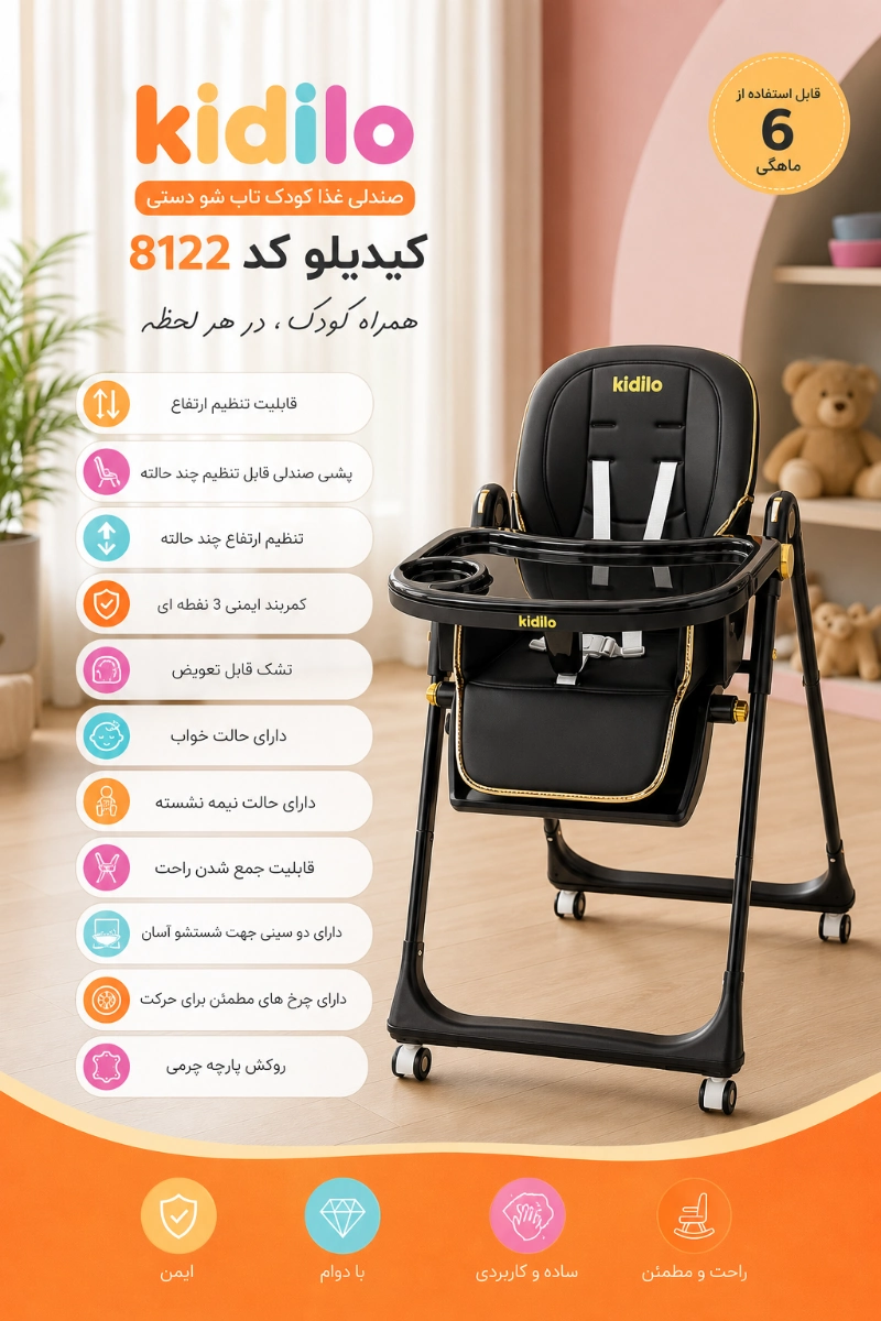 ویژگی های صندلی غذای کودک تاب شو دستی کیدیلو کد 8122